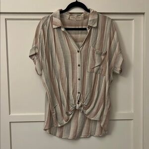 Stitch and Feather Striped Button-Up Blouse Size M/L